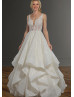 Sleeveless Ivory Lace Ruffle Skirt V Back Wedding Dress